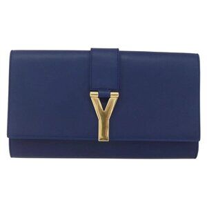 Authentic SAINT LAURENT Y Line Leather Blue Gold Clutch Bag bst576-121825